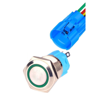 INTERRUTTORE - IMPERMEABILE - BLOCCANTE - 16MM - 12V 24V - 25A - LED VERDE